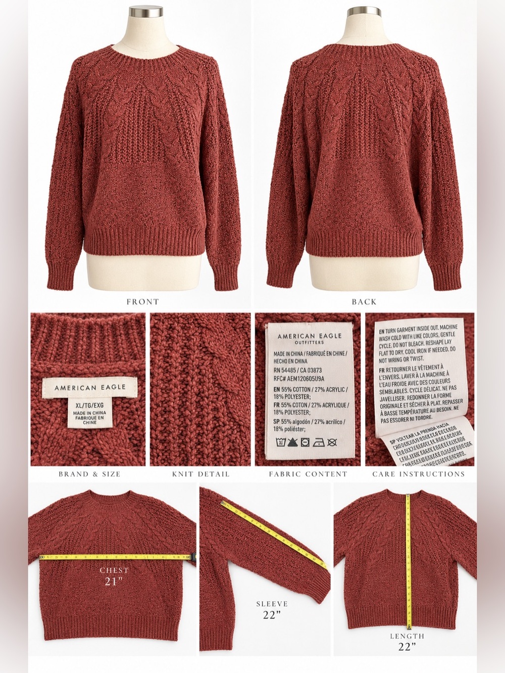 American Eagle Outfitters Brick Rust Cable Knit Crewneck Sweater